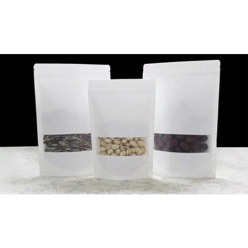 14*20+4cm 300pcs white Scrub kraft paper bags stand up Zipper/zip lock packaging bag with window for Food/Tea/Nut/Coffee