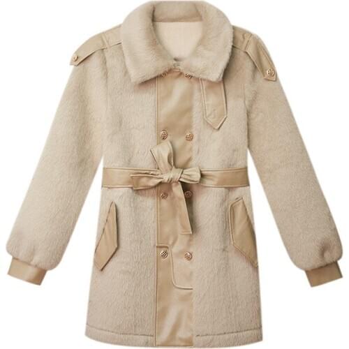 2020 winter new woolen womens coat loose long-sleeved lace-up waist stitching fashion warm all-match coat