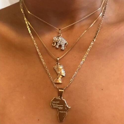 3 Pcs/Set Women Necklaces Boho Crystal Elephant Pharaoh Avatar Map Pendant Multilayer Gold Necklace Beach Personality Jewelry