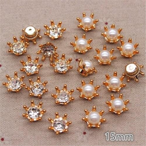 50PCS 14mm Golden Flower Pearl/Rhinstone Plastic Flatback Button Decoration Sewing Craft Scrapbook Accessories
