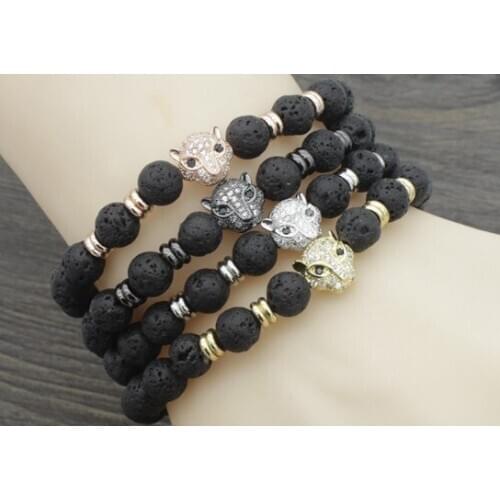 8mm ik5435 leopard silver gold copper micro pave cz zircon cubic zirconia Bracelet black volcanic lava stone Buddha Yoga Bangles
