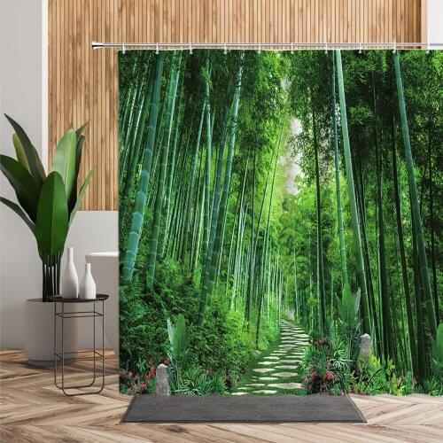 Bamboo Shower Curtain Forest Scenic Decoration Background Bathtub Screen Bathroom Accessories Waterproof Bath Curtains With Hook