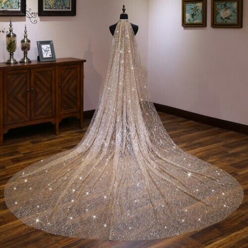 2020 Shiny Gold Cathedral Wedding Veil with Comb 4 Meters Long Sparkly Bridal Veil Wedding Accessories One Layer Velos De Noiva