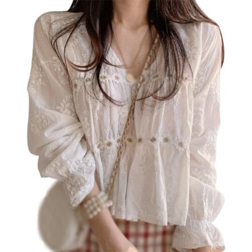 Korean Fashion Women Blouses V-Neck Sun Protection Shirt with Lace Long Sleeve Womens Tops And Blouses 2021 Chic Woman Blouse