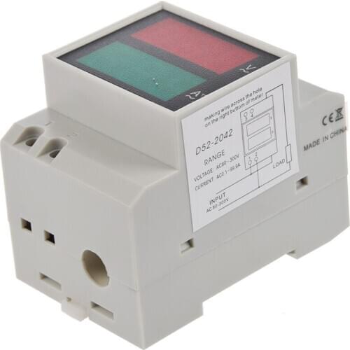 Din-Rail AC 110V/220V Digital Voltmeter Ammeter Red Volt Green Amp Meter LED Display