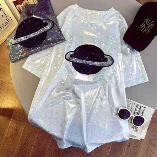 Summer Ladies shiny T-shirt Retro Street wear Loose Short Sleeve Oversize Top Womens Sexy Club Hip Hop Stylish Bright Tshirts