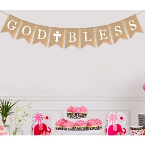 Burlap Banner God Bless Baptism Banner Rustic Bunting Garland Christening Communion Party Supplies with White Cross (White)