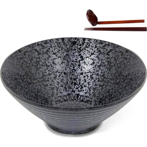 Ceramic Japanese Ramen Soup Bowl with Matching Spoon and Chopsticks, Suitable for Udon, Soba, Large Size