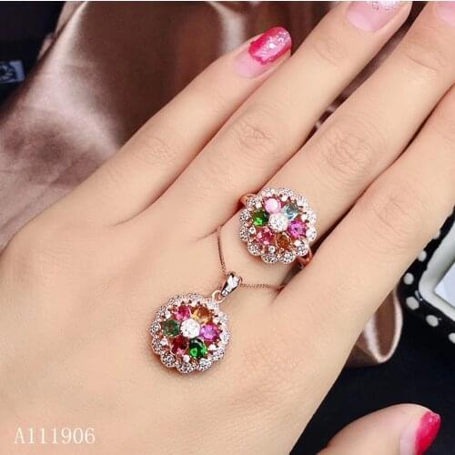 KJJEAXCMY Fine Jewelry 925 sterling silver inlaid natural tourmaline gemstone female pendant necklace ring set support detection