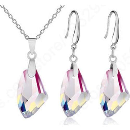 18" Pink Austrian Crystal Stone 925 Sterling Silver Jewelry Pinch Bail Earring Pendant Necklace Set Woman Gift