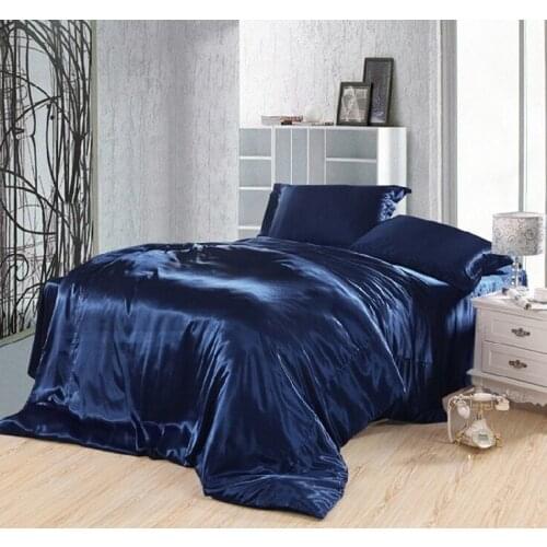 Dark blue bedding set silk satin super king size queen double fitted bed sheets duvet cover quilt bedspreads doona Custom 5pcs