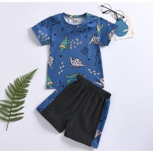 Summer Baby Boy Dinosaur Set Cartoon Print Short Sleeve T-shirt + Shorts Two-piece Set Khaki Black Yellow Kids Sports Suit