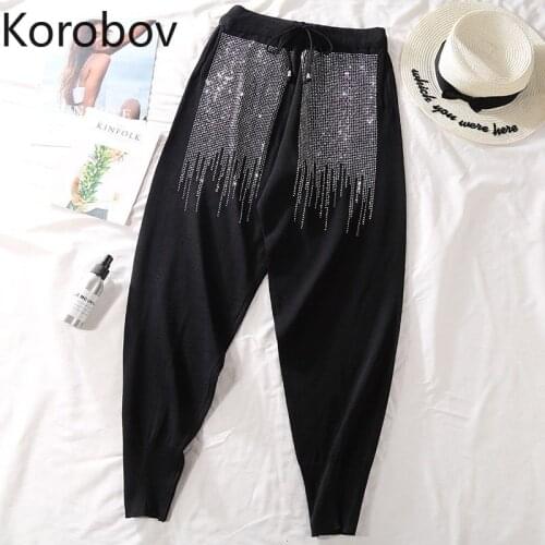 Korobov Fashion Women Diamond Patchwork Pants Summer Casual Loose Women Trousers Elastics High Waist Streetwear Joggers