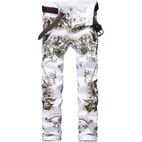 New Mens male Jeans white with Personalized Painted Print Patterns Printed Denim Pants trousers