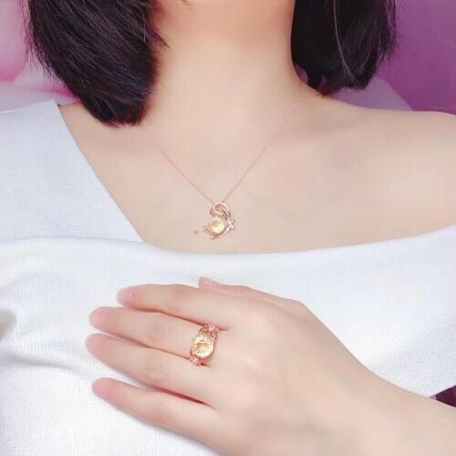 Engagement Best Gift Real natural citrine jewelry set Natural Real citrine 925 sterling silver 1 pendant, 1 ring