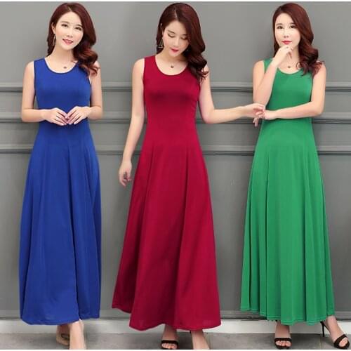 Spring summer dresses new womens fashion Round neck sleeveless big swing A-line slim fit solid color long vestidos D195