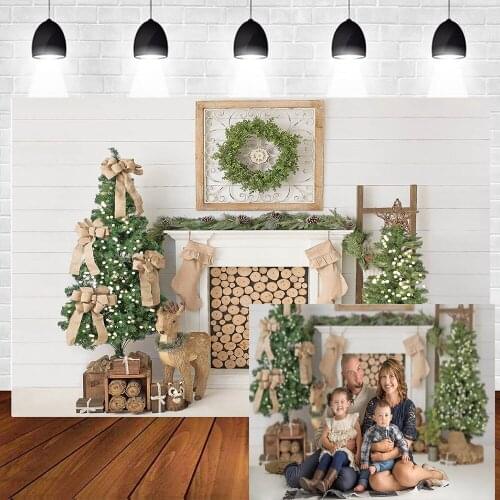 Christmas Photography Backdrop Fireplace Winter Family Party Banner Background Christmas Tree Sock Wreath Photocall Photo Studio
