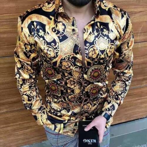 Luxury Royal Golden Mens Casual Long Sleeve Shirt Men Paisley Print Shirt Camisa Social Masculina Manga Longa Prom Party Shirt