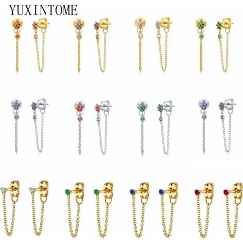 925 Silver Ear Needle White Blue Green Rose Red Zircon Stud Earrings for Women Lovers' Cartilage Pendientes Tassel Link Jewelry