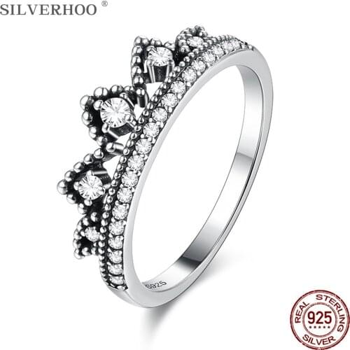 SILVERHOO 925 Sterling Silver Women Ring Double Crown Design Rings For Female Luxury Zircon Fine Jewelry New Arrival Present