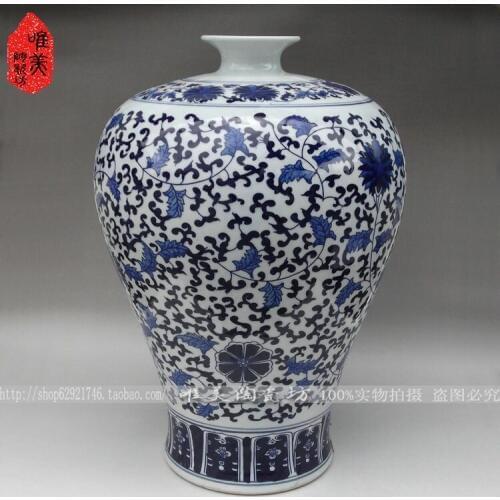 Blue and white porcelain ceramic vase quality antique blue and white lotus scroll vase bottle at home