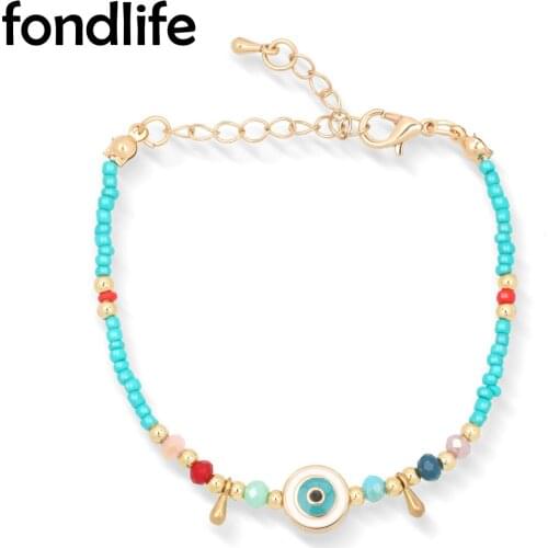 Glass Seed Bead Zinc Alloy Round Turkish Evil Eye Charm Chain Bracelet Women Kid Blue Green Orange Red Stretch Jewelry Present