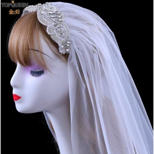 TOPQUEEN VS280 Bridal Veils Wedding Crystal Organza Beaded Wedding Veils with Rhinestone Wedding Decorations for Bride Hijab