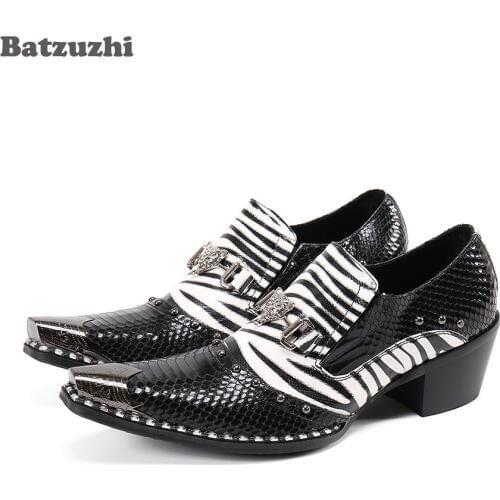 Batzuzhi New Designers Shoes Pointed Metal Tip Black White Genuine Leather Dress Shoes for Men Formal Business and Party,38-46