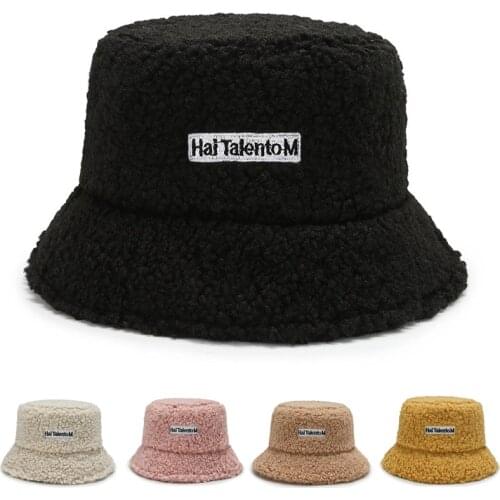 Womens Lamb Faux Fur Bucket Hat Men Winter Warm Teddy Velvet Panama Outdoor Streetwear Female Bob Hip Hop Cap Sun Fishermen Hat