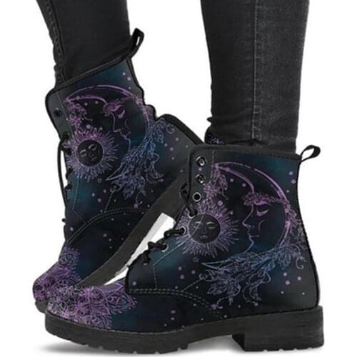 Women Ankle Boots Low Heels Shoes Woman Vintage Pu Leather Autumn Warm Winter high Snow Boots Motorcycle Skull Pansy