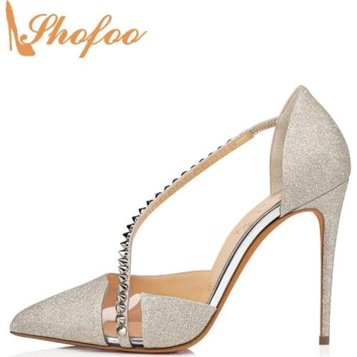 Shofoo Woman Shoes Silver Ankle Strap Rivet Pumps Stilettos High Thin Heels Large Size 12 16 Ladies Summer Party Dress Fashion