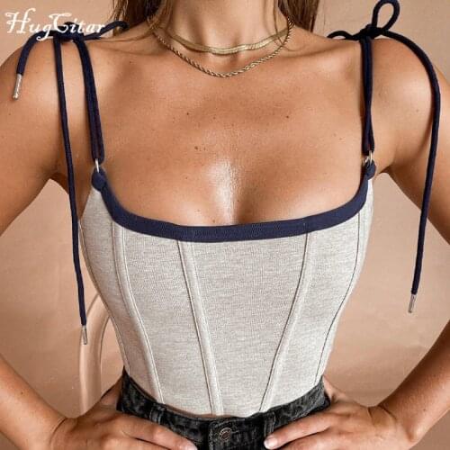 Hugcitar 2021 Spaghetti Strapes Bandage Sexy Crop Top Summer Women Patchwork Fashion Y2K Camis