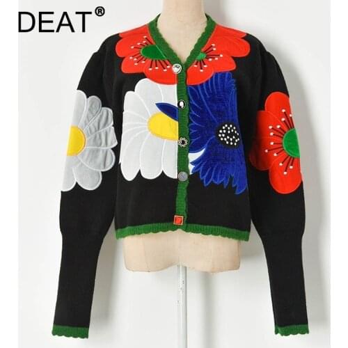 [DEAT] Knitting Sweater Chic Round Neck Long Sleeve Single-breasted Embroidery Women New Fashion Tide Autumn Winter 2021 13Z1435