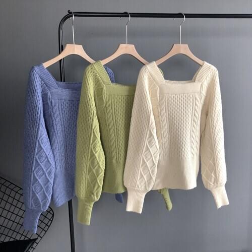 2020 Spring Knitted And Pullovers Square Collar Long Sleeve Vintage Women Sweater Tricot Pull Femme