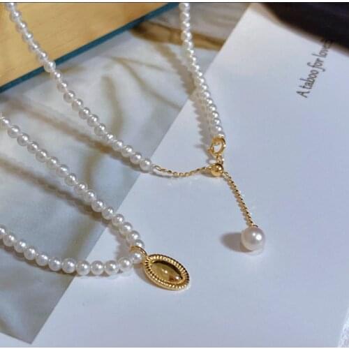 18K Solid Yellow Gold Jewelry (AU750) Women French style High sense necklace customizable Hoisting lettering Natural pearl