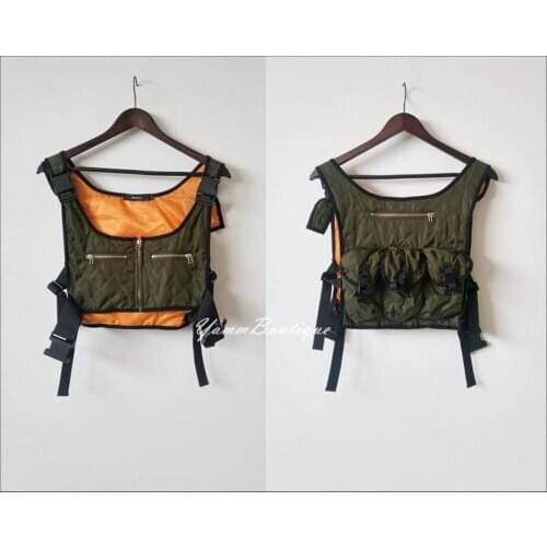 Original Winter Round Neck Sleeveless Cotton-padded Vest Women Fashion Strap Bag Vest Streetwear / Multi Pocket Tactical / SET T