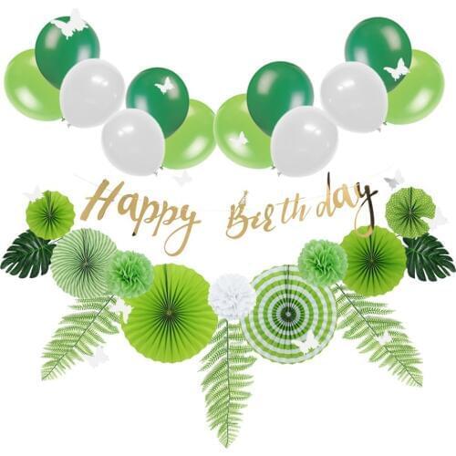 17pc Green White Birthday Party Decoration Set Happy Birthday Banner Palm Leaves Butterfly Wall Stickers Paper Fans Pom Pom