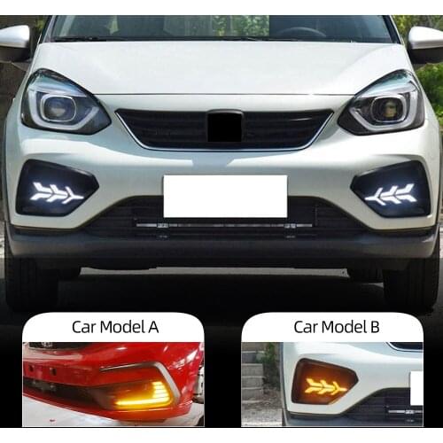 2PCS DRL For Honda Fit Jazz 2021 Dynamic Yellow Turn Signal Function Waterproof Car Lamp LED Daytime Running Light Fog lamp
