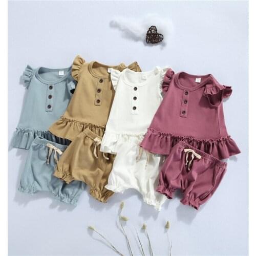 2021 Babys Clothing Set Girl Flying Sleeve T-shirt + Shorts Ruffle Decoration Elastic Waist Solid Color Summer Tracksuit