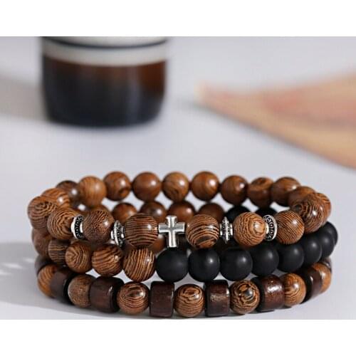 3pcs/Lot Ethnic Cross Elephant Yoga Meditation Wood Beaded Bracelet Homme Handmade Charm Tibetan Elastic Bracelet Men Jewelry