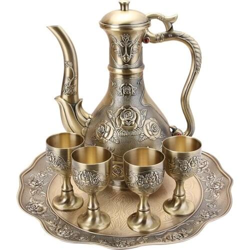 Bronze Wine Set Metal Zinc Alloy Wine Set 1 set= 1 Plate+ 1 Pot +4 Cups For Flowers Patter Table Craft Home Decoration
