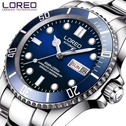 LOREO Mens Watches Top Brand Luxury Automatic Mechanical Watch Men 200M Diving Series Week Date Luminous Sapphire Watch