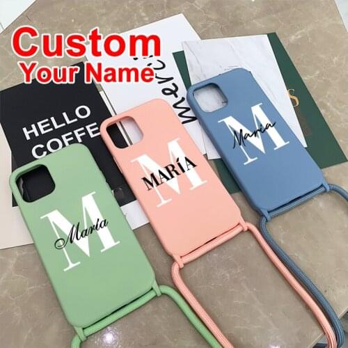 Custom Your name Phone Case For iPhone 11 12 Pro 7 8 Plus X XR XS Max With Rope Soft Portable Liquid Silicone Case Gift Boy girl