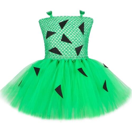 Kids Pebbles Costume for Girls Green Tulle Caveman Flinstones Tutu Dress Children Purim Carnival Party Halloween Clothes 1-12Y