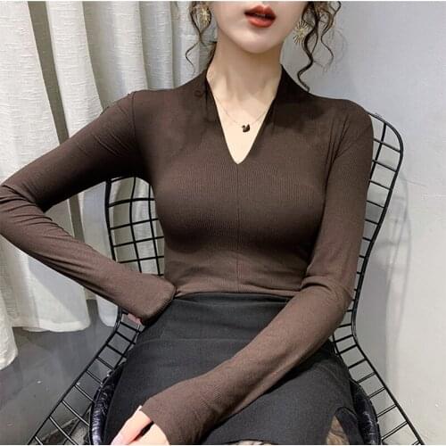 T Shirt Women 2021 Cotton Long Sleeve V Neck Slim Soild Cotton Basic Casual Tee Shirt Femme Autumn New Woman Top Mujer Camisetas