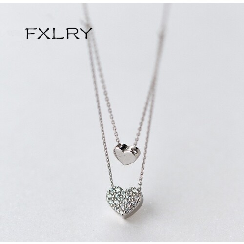 FXLRY Hot Selling Silver color Double Zircon Glossy Love Heart Pendant Necklaces For Girl To Gift