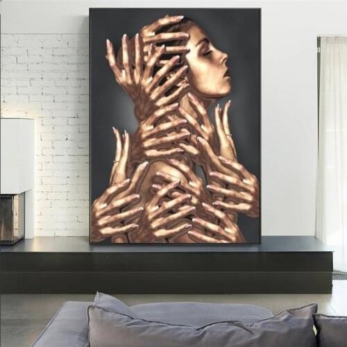 Canvas Painting Abstract Golden Sexy Women Body with Hands Portrait Poster Wall Art Pictures for Living Room Cuadros Home Decor