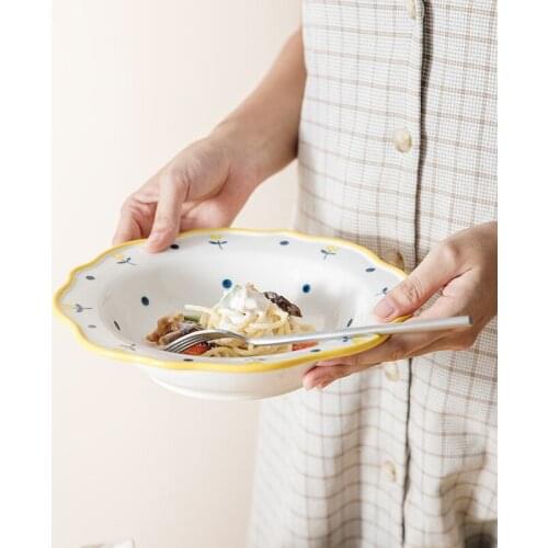 Cute Girl Heart-shaped Ceramic Household Creative Tableware Floral Japanese Flower Cute Pasta Plate Microwave Oven Available