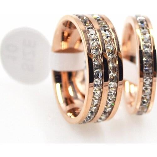 New Pink gold color stainless steel double rows crystal rings for women, fashion engagement rings anillos bague femme jewelry