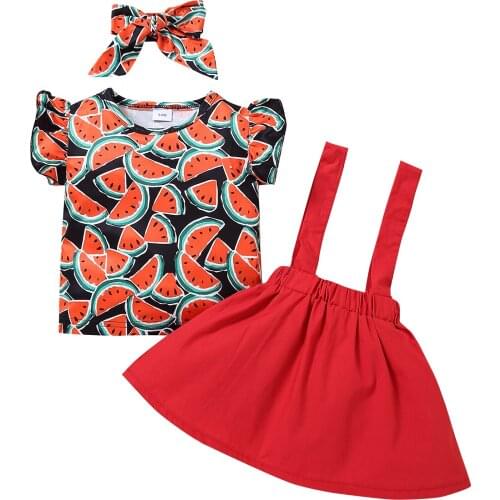 Summer Baby Girls Clothes Sets 3Pcs Suits Short Sleeve Toddler T Shirt + Suspender Skirt + Bow Headband Childrens Clothing Sets